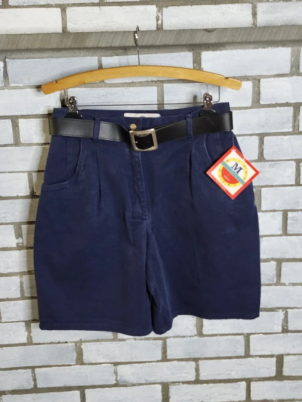 • NWT Milano Sport Women's Vintage High Rise Shorts With Belt 14 Blue Pockets